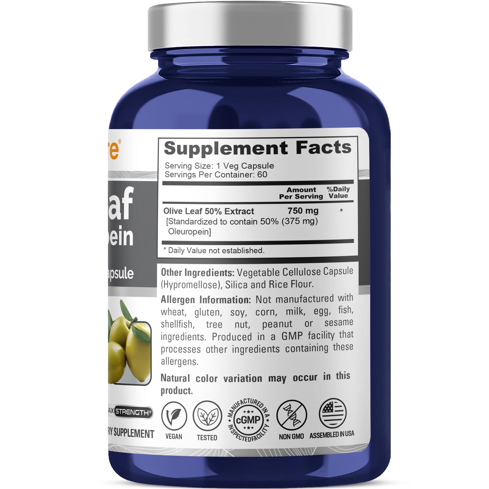 NusaPure Olive Leaf Extract 750 mg - 50% Oleuropein - Vegan and Vegetarian Non-GMO - Super Strength - No Oil - 60 Capsules NusaPureAu supplements