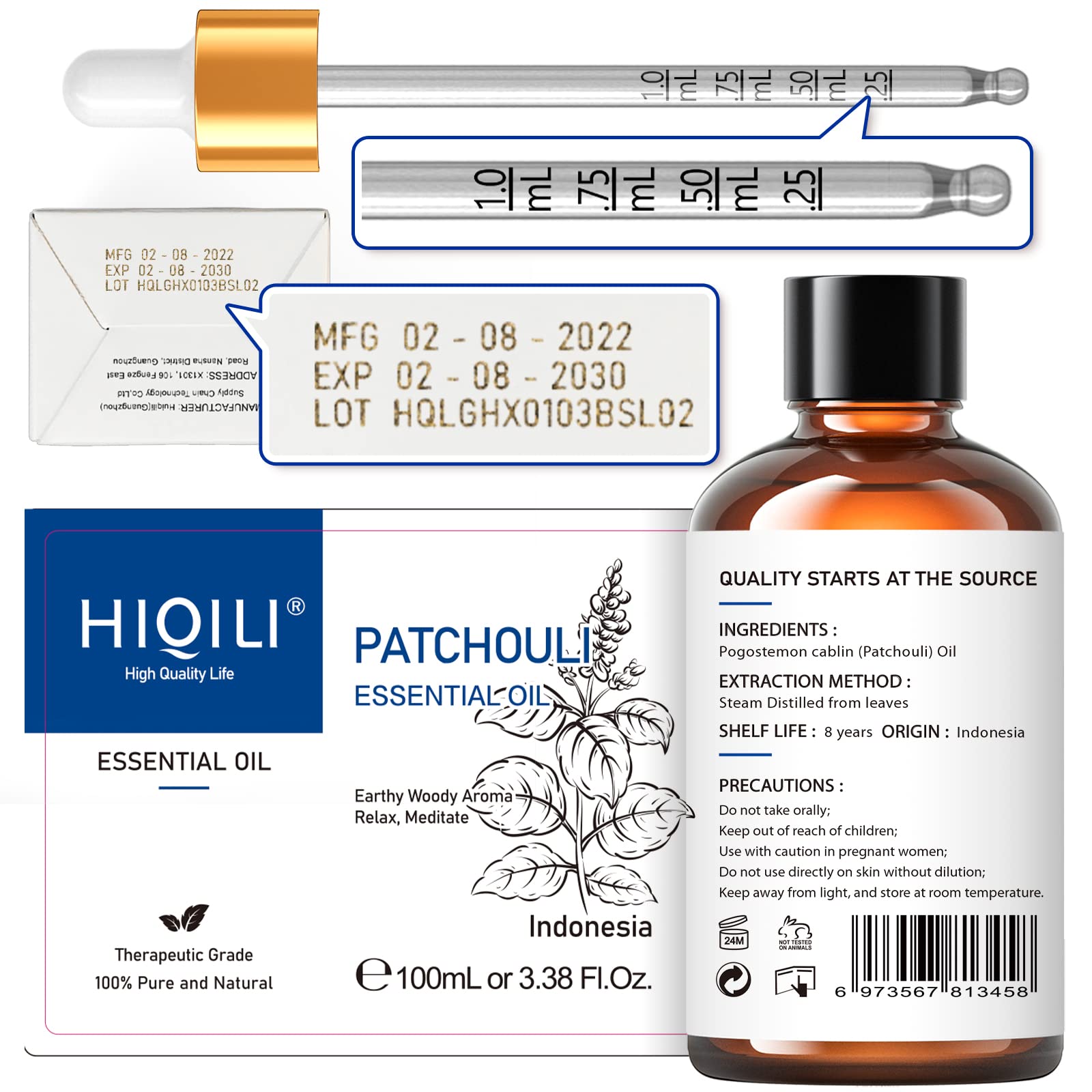 HIQILI Patchouli Essential Oil 100ML, Pure Natural, for Perfume Making, Diffuser and Skin HIQILIUS supplements