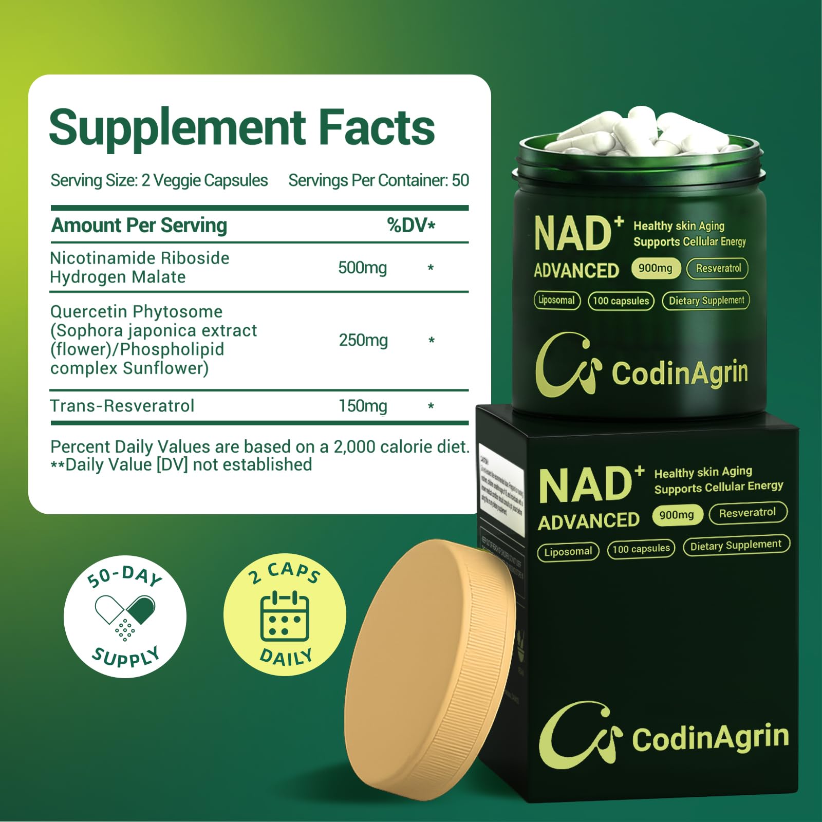 CodinAgrin NAD+ Supplement with Resveratrol 900mg Nicotinamide Adenine Dinucleotide Complex for Cellular Energy Repair, Anti-Aging & Mental Clarity Support, Non-GMO, Vegetarian Friendly, 100 Capsules CodinAgrinAu supplements