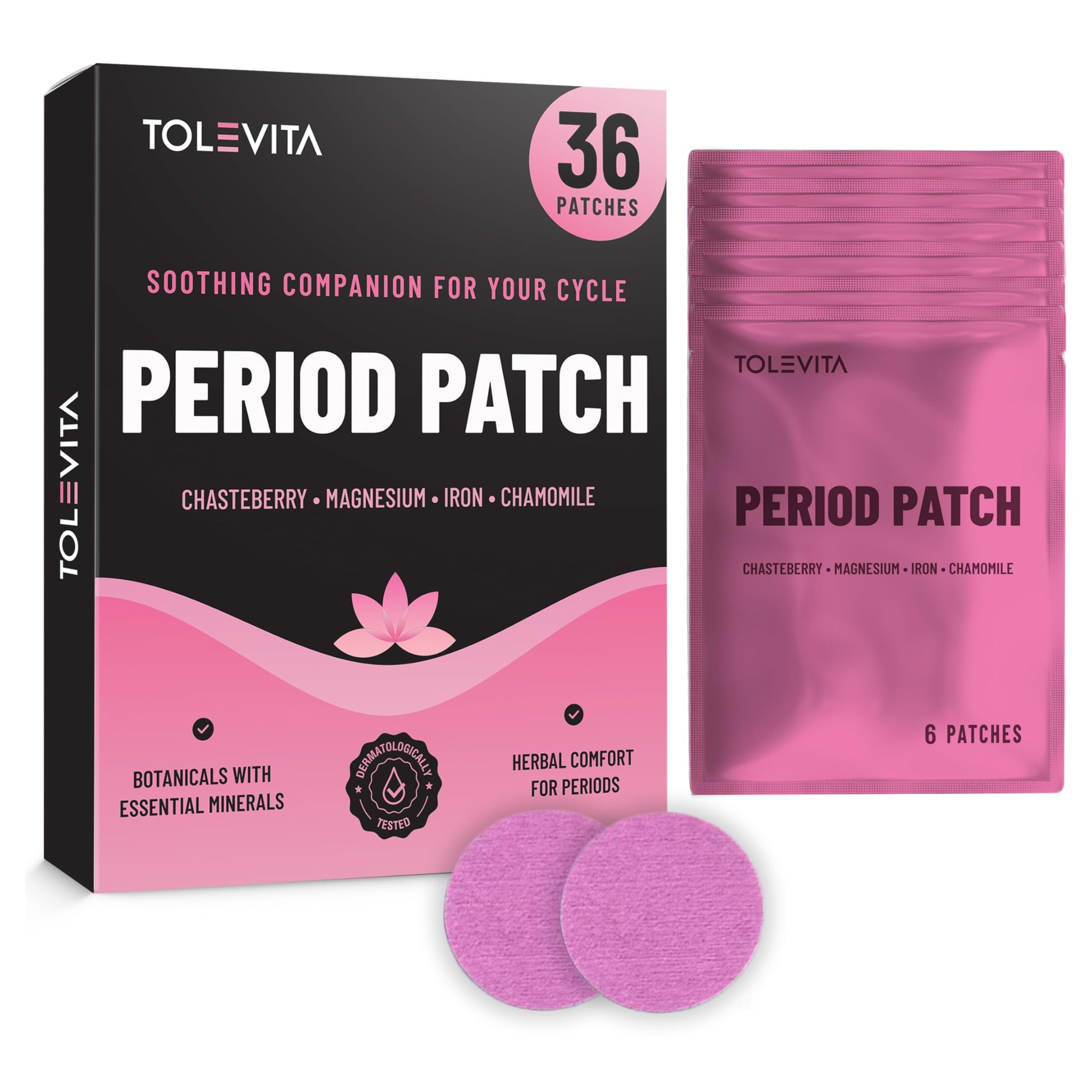 TOLEVITA Period Relief Patches 36 Pcs – Herbal Cramp Support with Chasteberry, Magnesium, Evening Primrose, Dong Quai, Curcumin, Vitamins B6 & E, Iron, Chamomile – Hormonal Balance & Menstrual Comfort TOLEVITAAu supplements