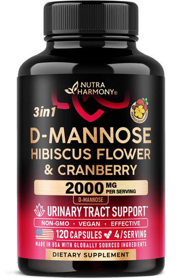 D-Mannose 2000mg with Cranberry & Hibiscus - Clinically Tested Strength for Urinary Tract Health - Supplement for Women - Bladder, Liver & Microflora Support - Made in USA - Vegan, 120 Capsules NUTRAHARMONYAu supplements