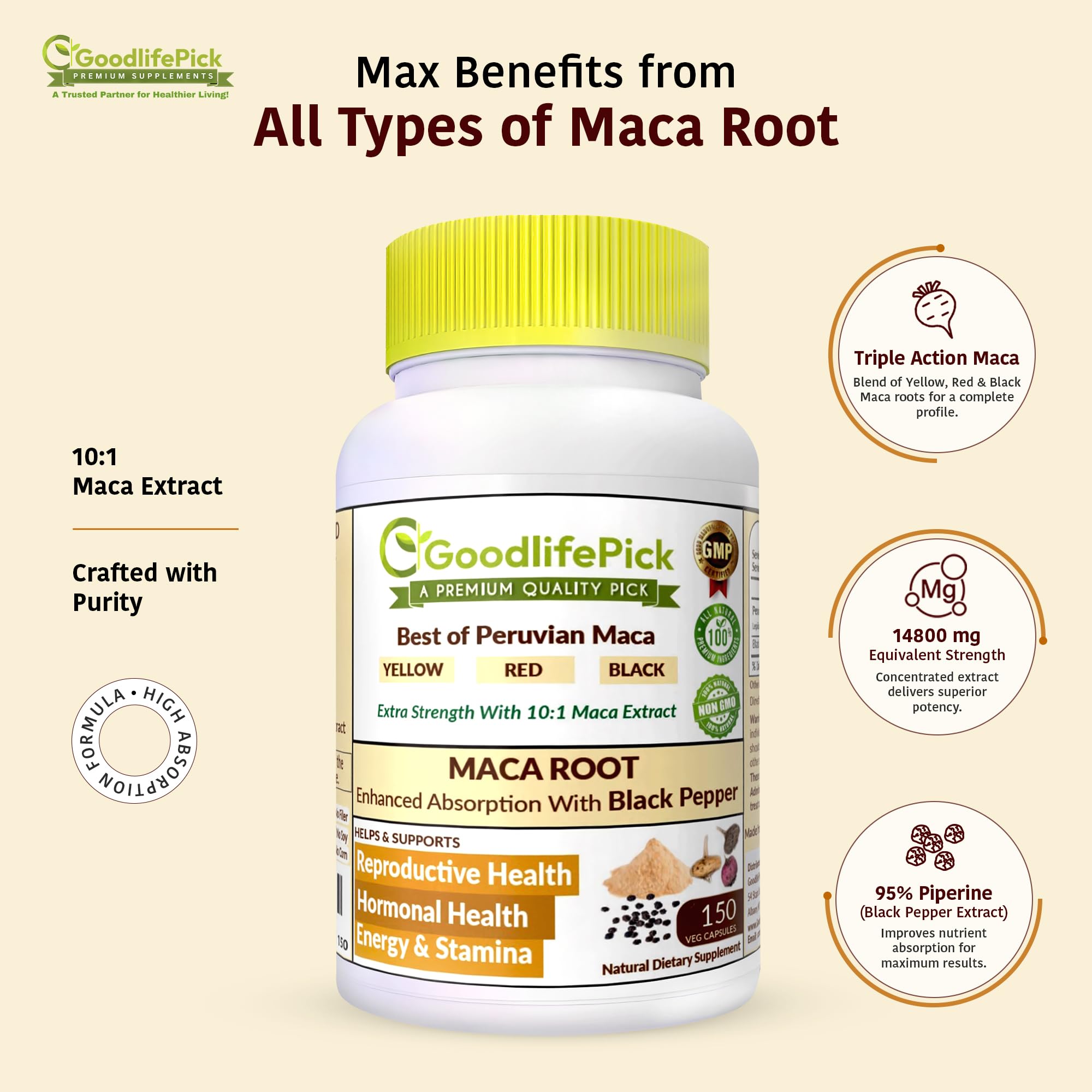 Peruvian Maca Root Capsules 150 ct. Powerful Maca Blend of Yellow Red & Black Maca Root with Black Pepper. All Natural NonGMO Vegan No Stearate No Rice Powder No Silica No Filler GoodlifePickAu supplements