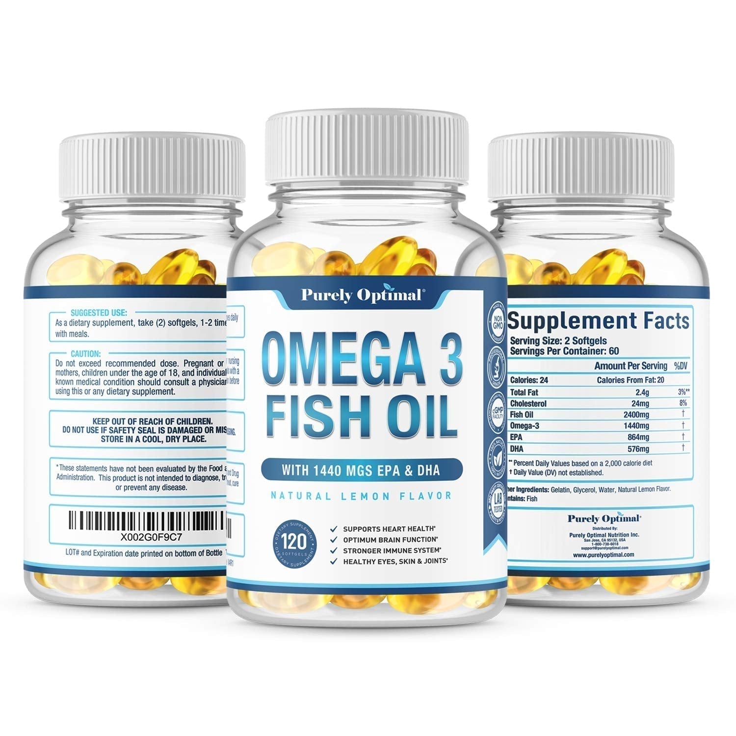 Premium Omega 3 Fish Oil Supplement 2400mg - Burpless Fish Oil Omega3 Softgels Purely OptimalUS supplements