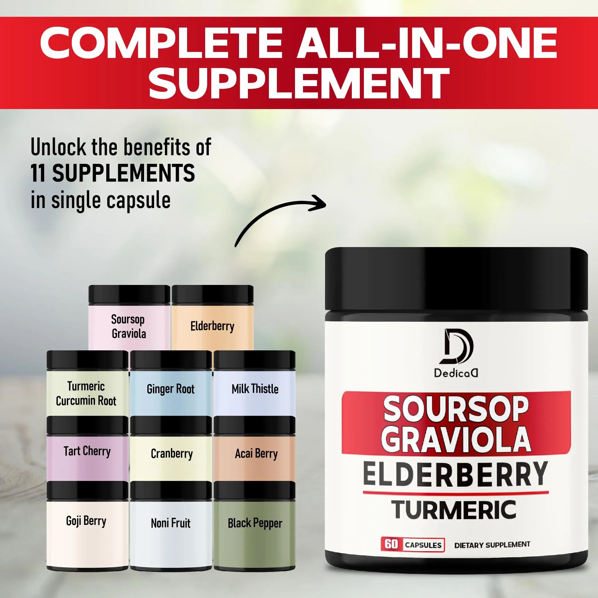 DEDICAD 11in1 Graviola Soursop Capsules - Blended with Elderberry, Turmeric, Ginger, Milk Thistle, Cranberry & More - Support Positive Mood, Immune System & Body Management DEDICADnz supplements