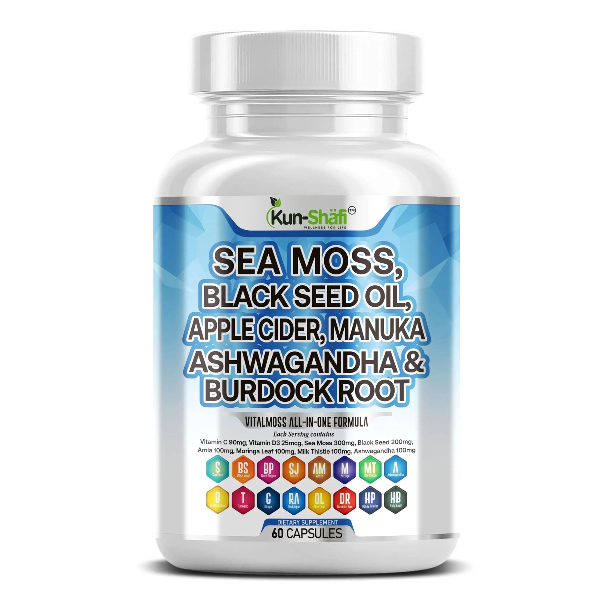 Kun Shafi Sea Moss Complex – with Black Seed Oil, Shilajit, Amla, Moringa, Turmeric, Ashwagandha & Burdock – Enriched with Vitamin C, D3, Chlorophyll, Manuka & Ginger – 60 Capsules Kun ShafiAu supplements