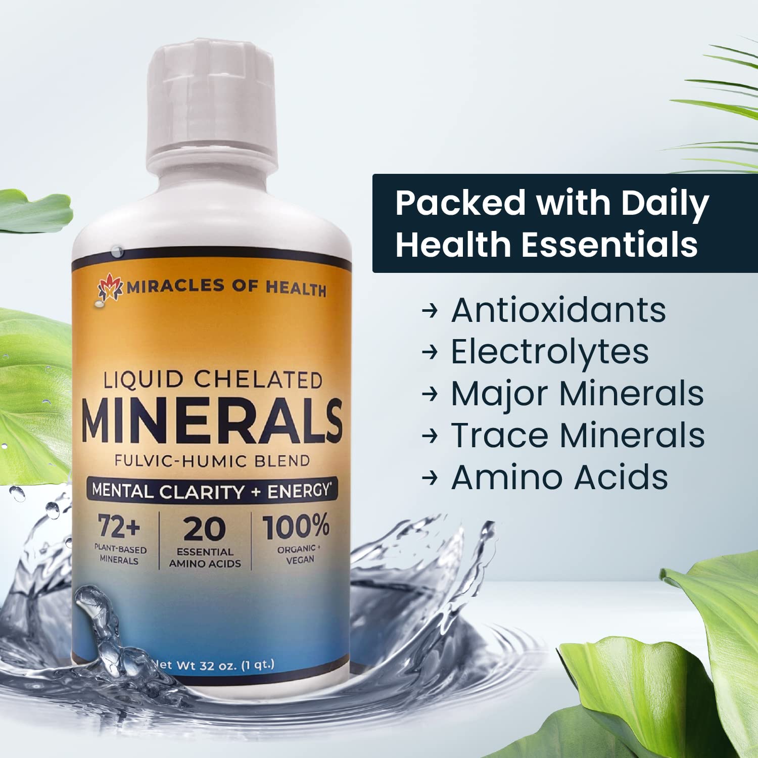 Miracles of Health Liquid Chelated Minerals - Organic Humic Fulvic Mineral Blend - 72+ Plant-Based Minerals, 20 Essential Amino Acids - 100% Natural - 1 Month Supply, 32 fl. oz Miracles of HealthAu supplements