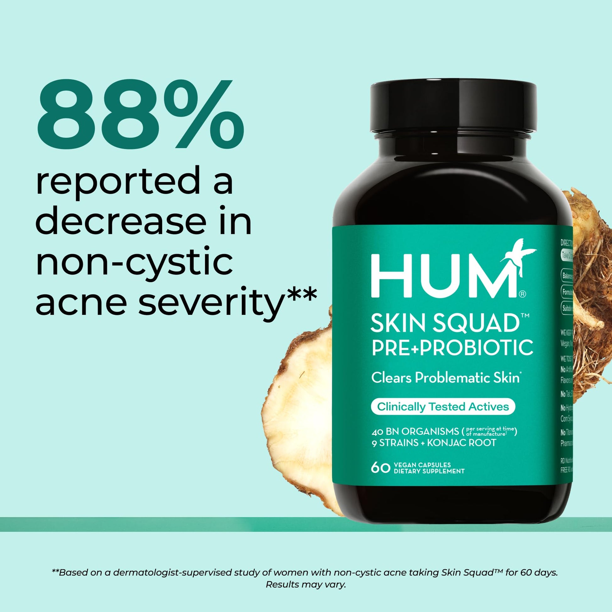 HUM Skin Squad Probiotics for Women and Men, Skin Care Supplement for Clear Complexion & Gut Health Support, Microbiome Prebiotic & Probiotic Supplement for Breakouts, Digestive Health, 60 Capsules HUMUS supplements