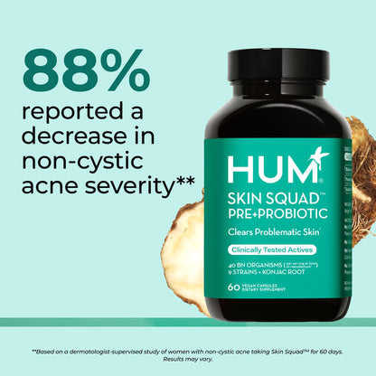 HUM Skin Squad Probiotics for Women and Men, Skin Care Supplement for Clear Complexion & Gut Health Support, Microbiome Prebiotic & Probiotic Supplement for Breakouts, Digestive Health, 60 Capsules HUMUS supplements