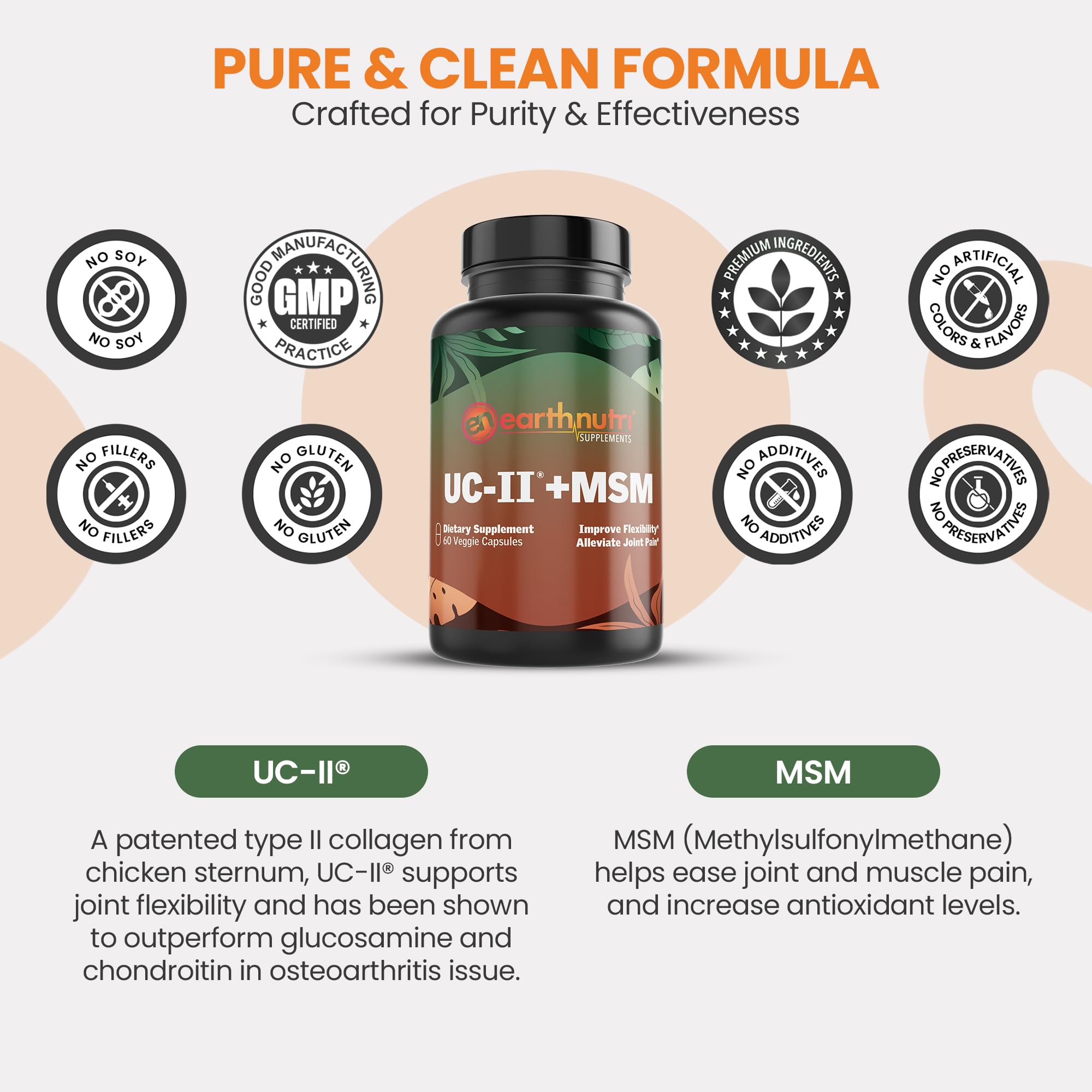 EarthNutri UC-II Collagen & MSM Supplement for Bone Health and Joint Flexibility Joint Supplement - 40mg UC-II Providing 10mg Total Collagen & 1000mg MSM - 60 Capsules (2 Caps Daily) EarthNutriAu supplements