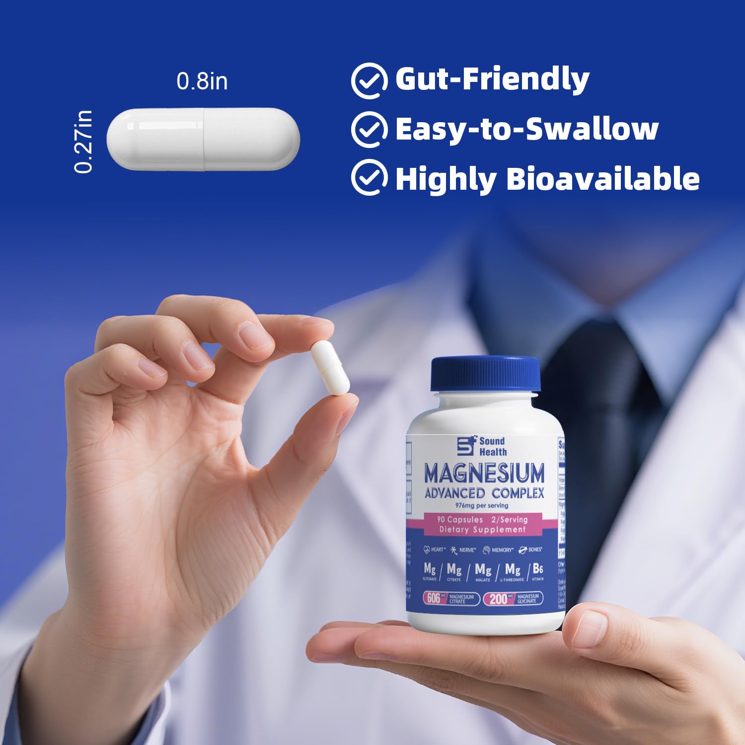 5 in 1 Magnesium Complex Capsule 976mg wtih Magnesium Glycinate, Citrate, Malate, L-Threonate & Vitamin B6, High Absorption Magnesium Complex for Women & Men, Third-Party Tested, Vegan, Non-GMO Sound Health PlusAu supplements