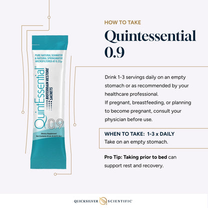 Quicksilver Scientific Quintessential 0.9 Sachets - Isotonic Solution with Sea Water Minerals + Alpine Spring - Liquid Hydration, Electrolyte + Multi Minerals Supplement (30 Count) Quicksilver ScientificUS supplements