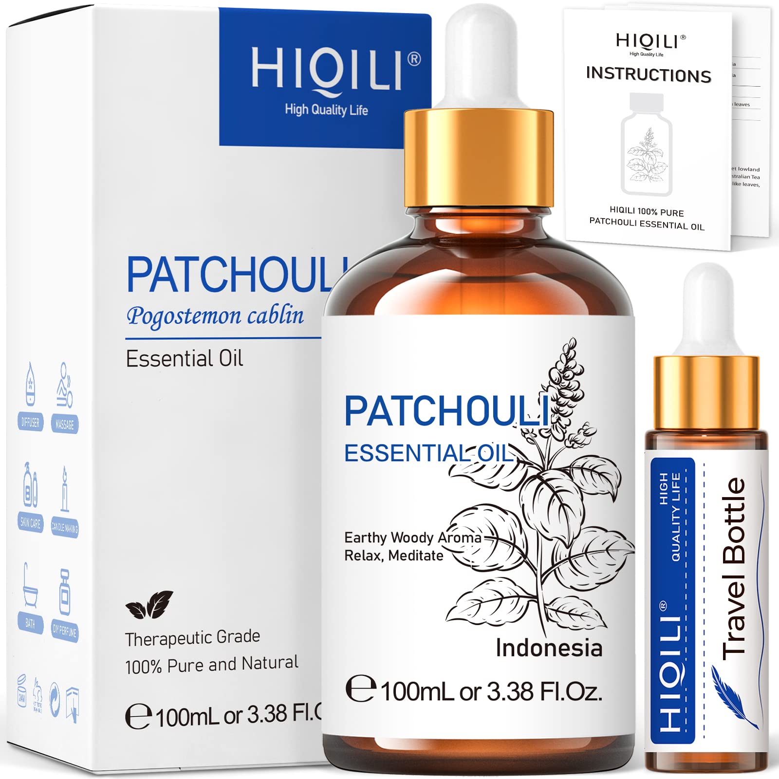 HIQILI Patchouli Essential Oil 100ML, Pure Natural, for Perfume Making, Diffuser and Skin HIQILIUS supplements