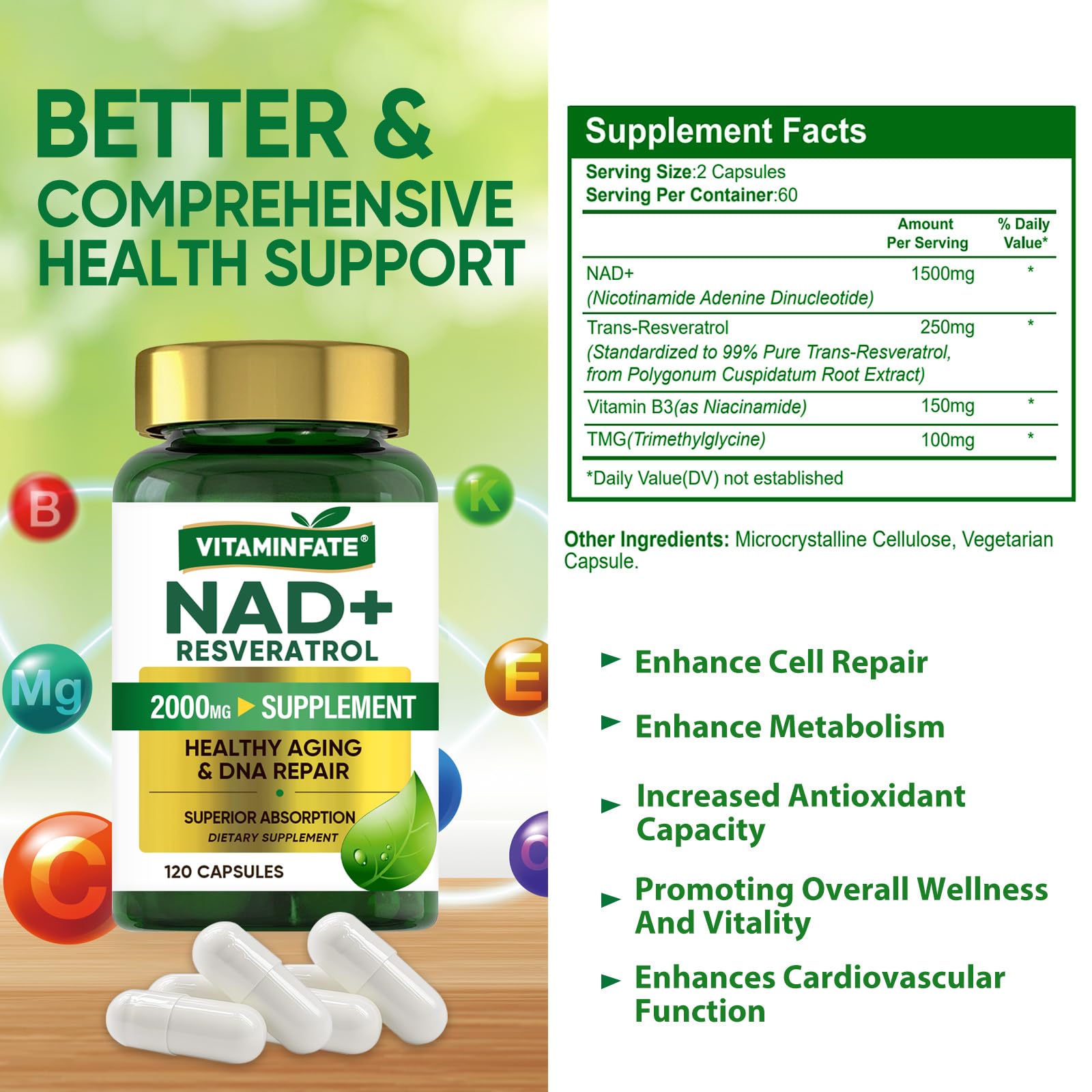 VITAMINFATE NAD+ Supplement 2000 mg - 120 Capsules True NAD+ & Resveratrol, NMN Alternative Supports Anti-Aging, Cellular Energy & Repair, Metabolism & Brain Boost for Men & Women VITAMINFATEAu supplements