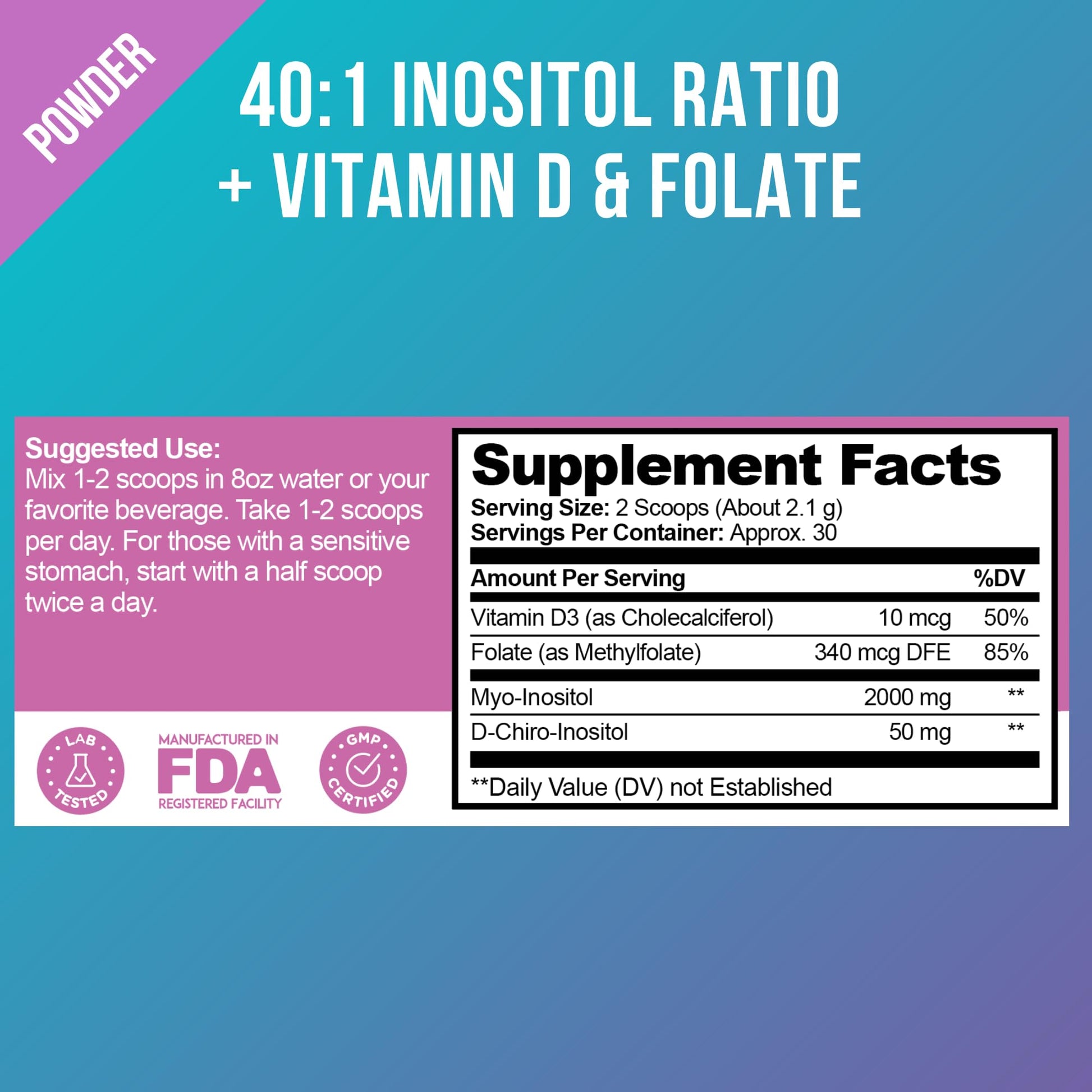 Premium Inositol Supplement - Myo-Inositol and D-Chiro Inositol Powder Plus Folate OptifyUS supplements