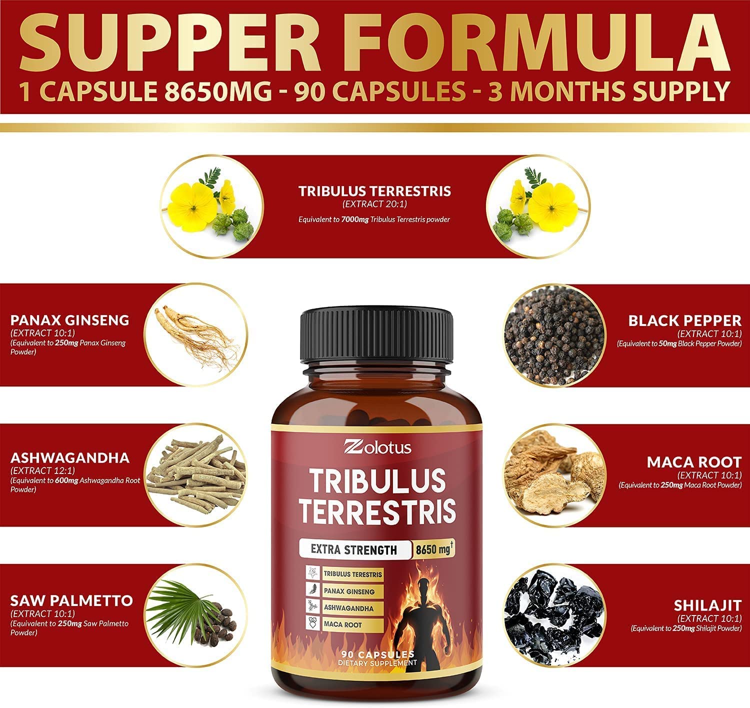 Zolotus Tribulus Terrestris, 8650mg Per Capsule, High Potency with Ashwagndha ZolotusAu supplements