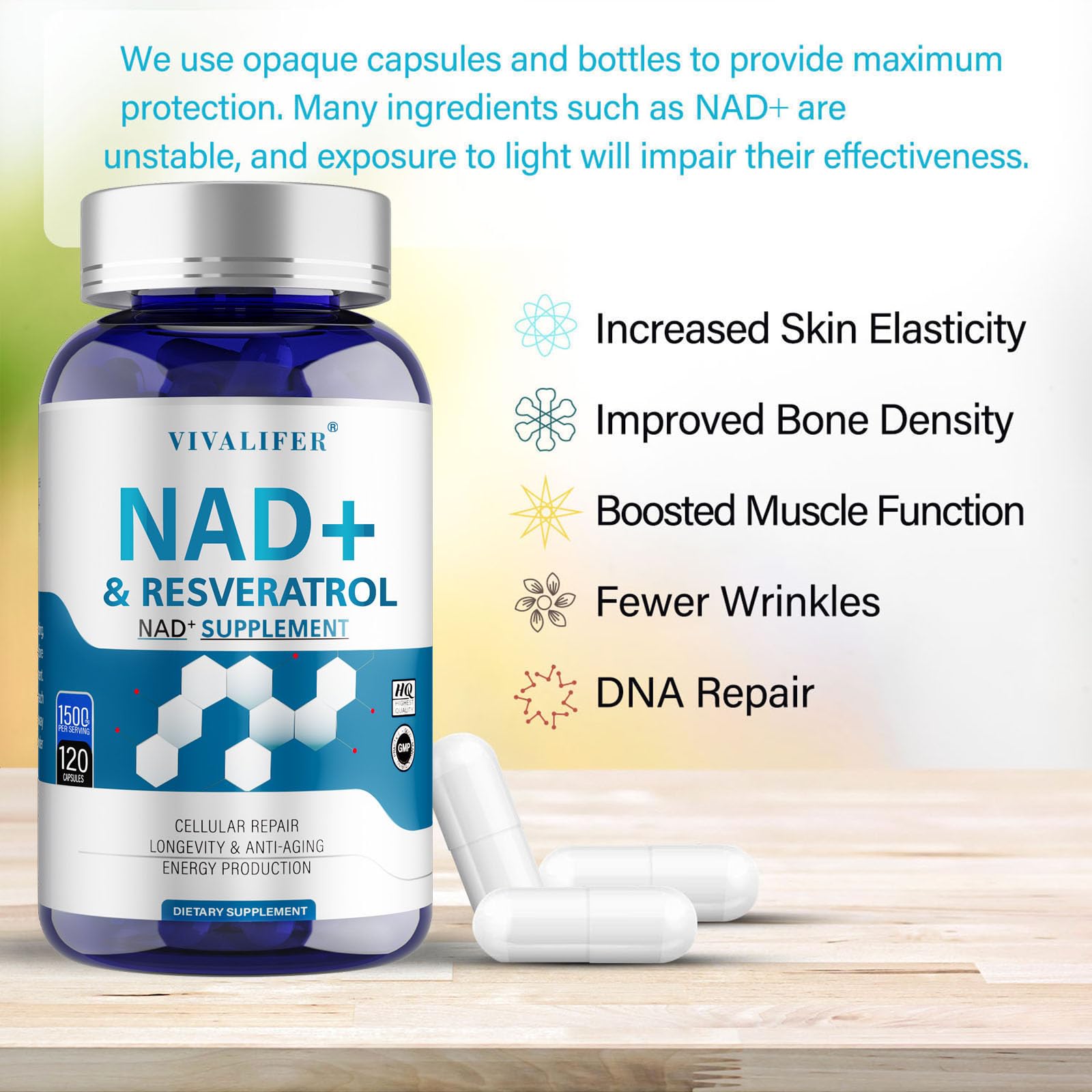DQQI NMN Supplement Alternative 1500 mg - 120 Capsules (40 Day Supply) High Purity NAD+ & Resveratrol for Anti-Aging, Antioxidant Support, Energy & Focus Boost DQQIAu supplements