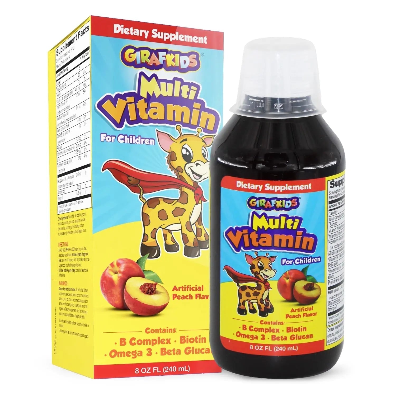 GirafKids Liquid Multivitamin for Kids Ages 4+, 8oz - Daily Child Vitamins with Biotin, Vitamin A, B Complex, Folic Acid, Omega-3 & Beta Glucan PHARMADELAu supplements