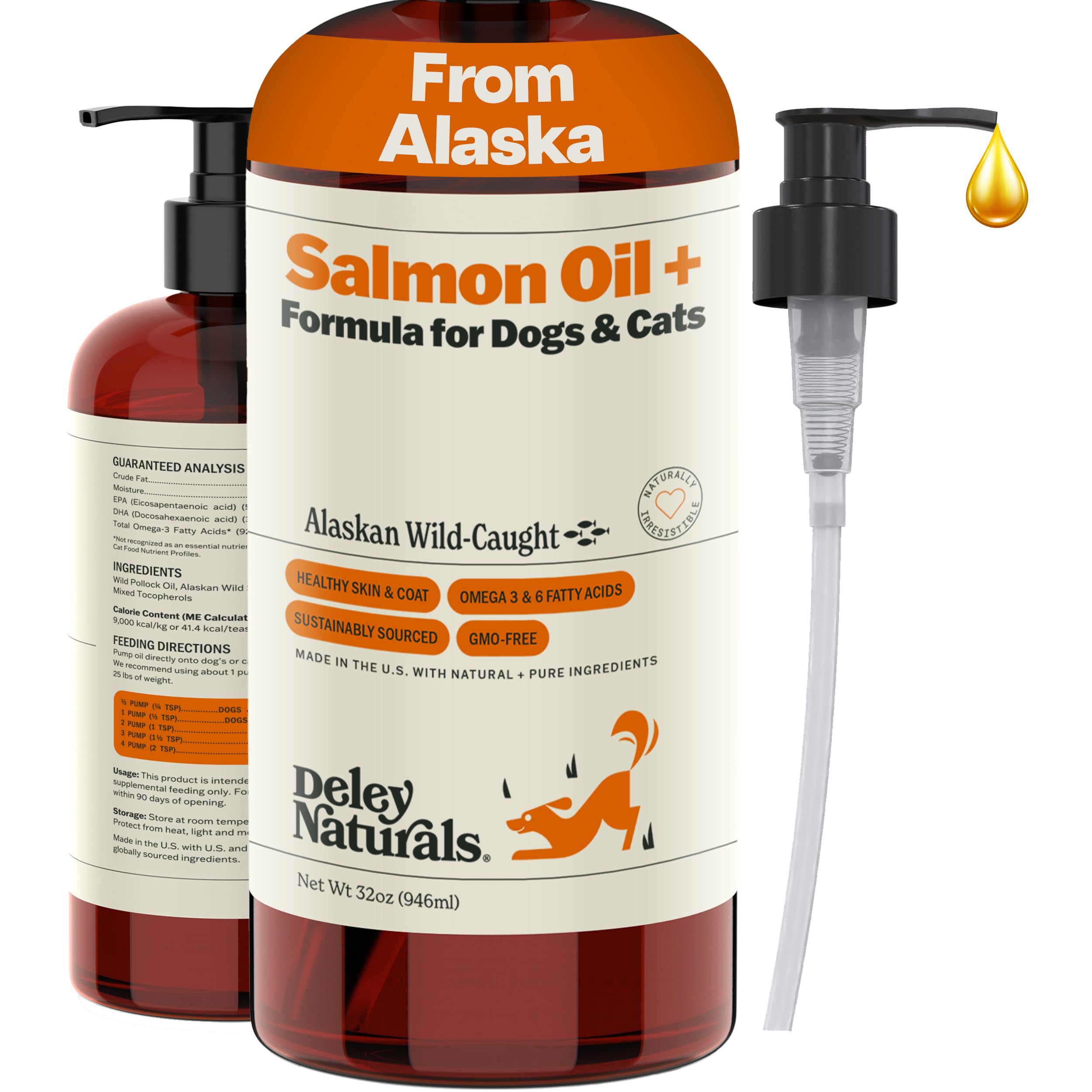 Deley Naturals Wild Alaskan Salmon Oil for Dogs & Cats - New and Improved Salmon Oil Plus Formula - Fish Oil for Dogs with Omega 3, DHA and EPA - Omega 3 for Healthy Skin and Coat - 32oz Made in USA Deley NaturalsAu supplements