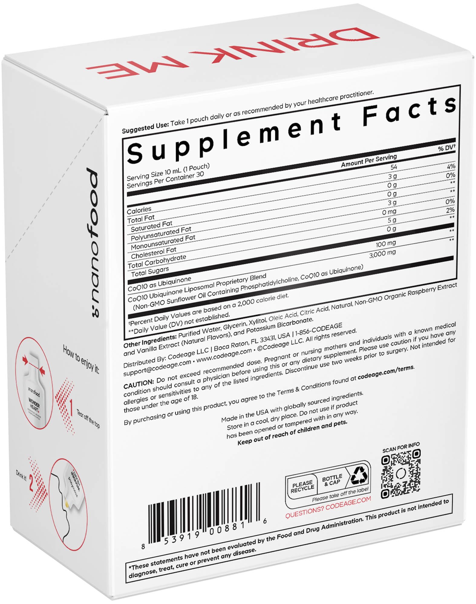 Codeage Wonder Heart Liquid CoQ10 Liposomal Ubiquinone Supplement, Coenzyme Q10 Heart Vitamins, Non-GMO Sunflower Phosphatidylcholine Vegan Blend, Raspberry Flavored Softgel, Pack of 30 Pouches CodeageAu supplements