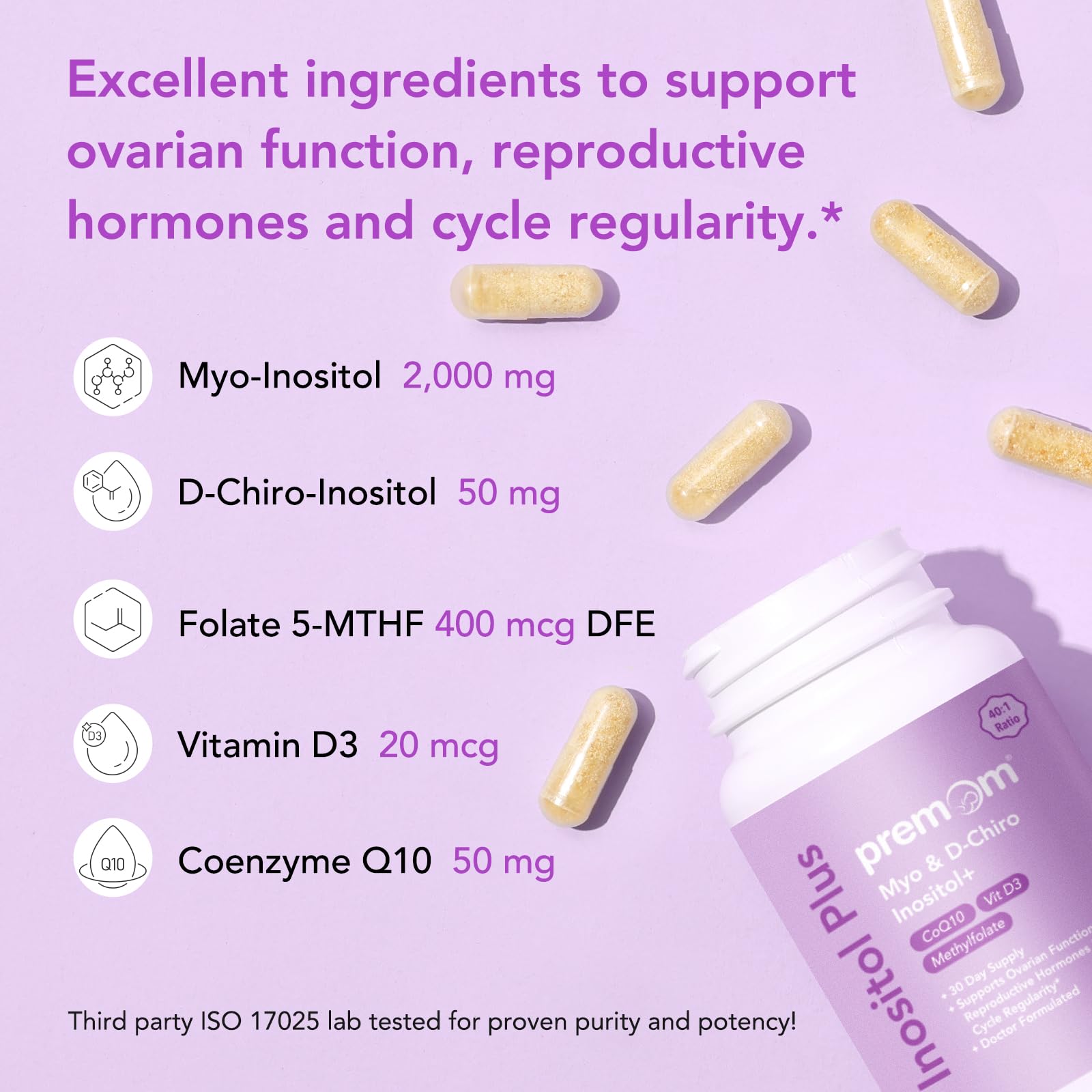 Premom Inositol Plus - 2000mg Myo-Inositol & 50mg D-Chiro Inositol, CoQ10, Folate & Vitamin D3-40:1 Ratio - Supports Hormonal Balance, Ovarian & Reproductive Health - 30 Day Supply PremomAu supplements