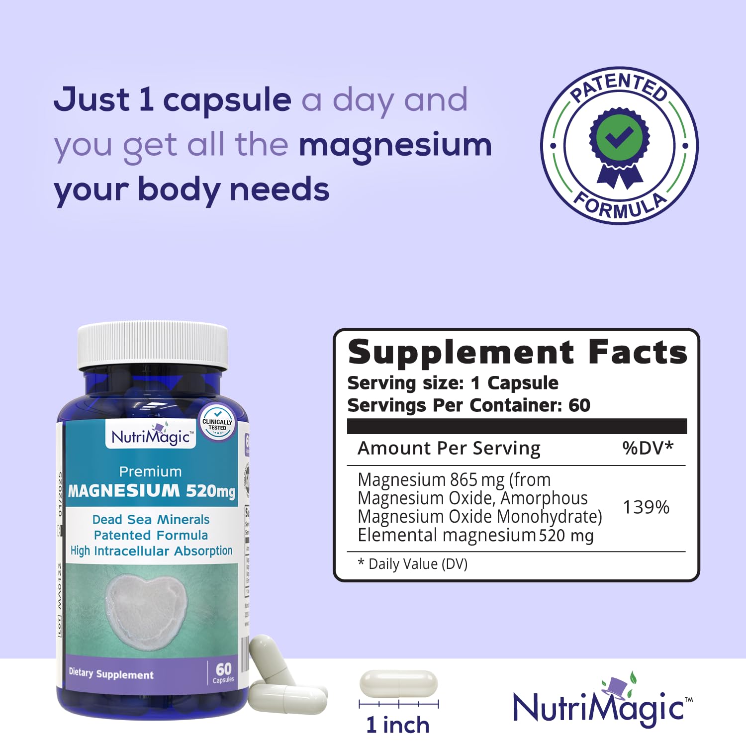 NutriMagic 520mg Patented High Absorption Elemental Magnesium from Oxide, Dead Sea Minerals Complex (1 Bottle, 2-Month Supply (60 Capsules)) NutriMagicAu supplements