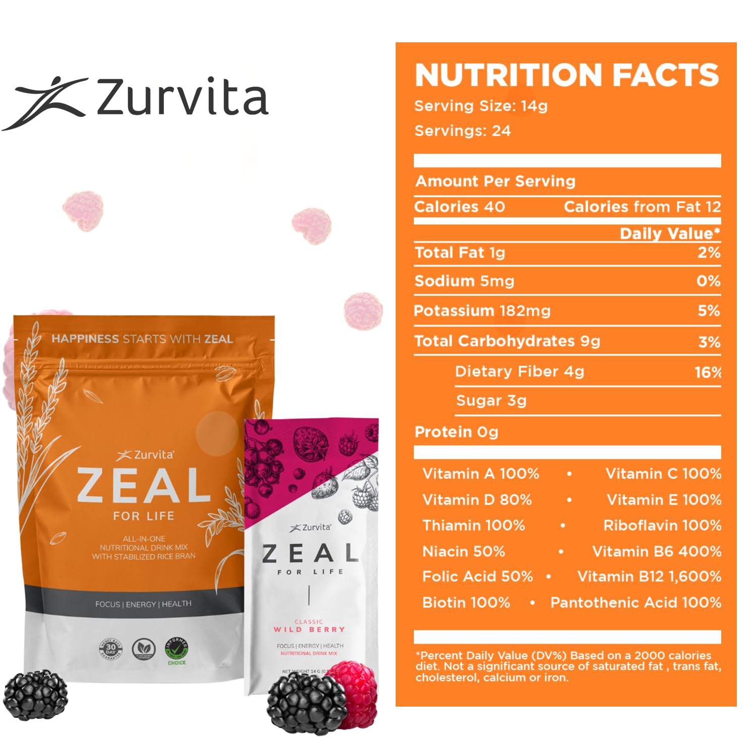 Zurvita - Zeal for Life Wellness Drink Mix - Wild Berry (Classic) Flavor - Gluten-Free, Vegan, with Vitamins and Minerals - 10 Single Packets ZurvitaAu supplements