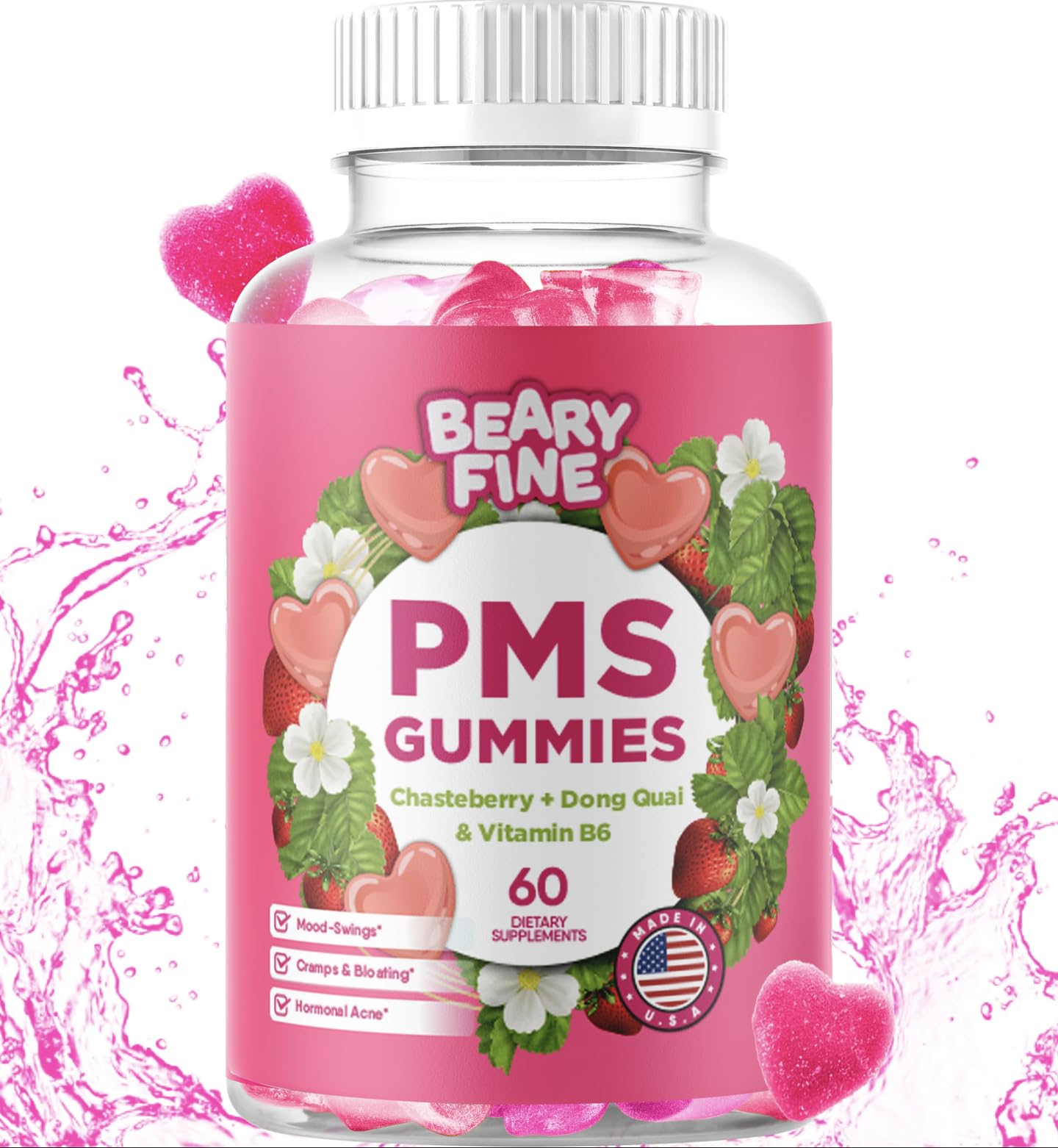 Beary Fine PMS Gummies - PMS Vitamins for Women & Teens - PMS Period Relief - Cramping, Bloating, Mood Swings - Made in The USA (Strawberry, 60 Count) Beary FineAu supplements
