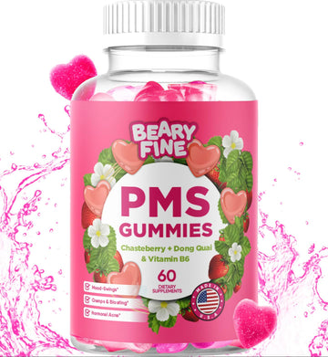 Beary Fine PMS Gummies - PMS Vitamins for Women & Teens - PMS Period Relief - Cramping, Bloating, Mood Swings - Made in The USA (Strawberry, 60 Count) Beary FineAu supplements
