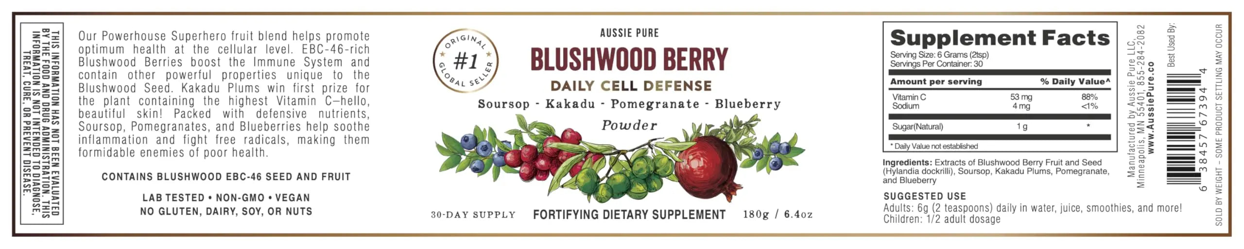 Aussie Pure Blushwood Berry Superfruit Daily Cell Defense - Soursop - Kakadu Plum - Pomegranate - Blueberry - Immune and Cell Support Powder - All Ages - Lab Tested and Authenticated - 180g/6.4oz Aussie Purenz supplements