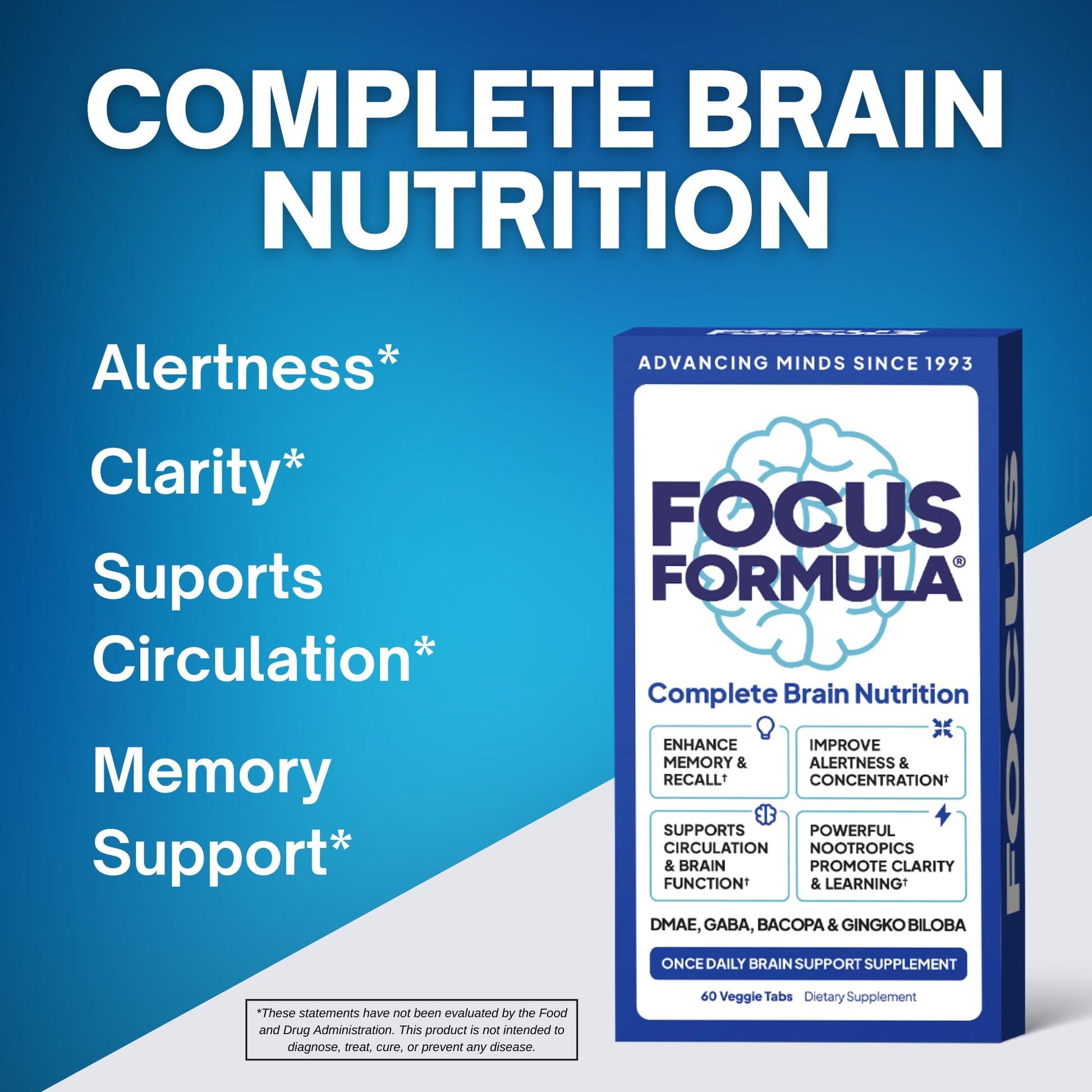 Focus Formula Nootropic Brain Supplement, Focus Capsules for Concentration, Supports Energy, Brain Booster with GABA, DMAE, and BACOPA, Memory Support Supplement, Cognitive Support, 60 Veggie Tablets Focus FormulaAu supplements