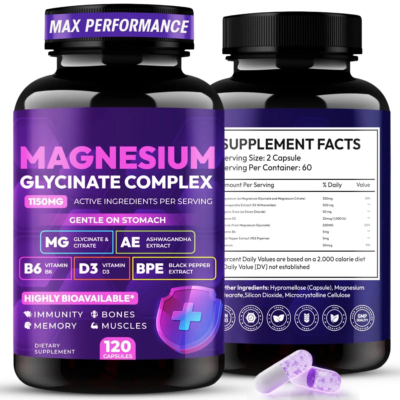 Magnesium Glycinate Complex 1150mg - Gentle on Stomach High Absorption Magnesium Capsules with Citrate, Silica, Ashwagandha & Vitamin B6 for Zzz, Stress Relief, Muscle Support for Adults, Women & Men CytonaAu supplements