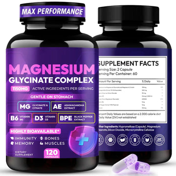 Magnesium Glycinate Complex 1150mg - Gentle on Stomach High Absorption Magnesium Capsules with Citrate, Silica, Ashwagandha & Vitamin B6 for Zzz, Stress Relief, Muscle Support for Adults, Women & Men CytonaAu supplements