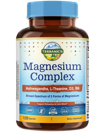 Terranics Magnesium Complex Supplement with Glycinate, Citrate, Taurate & Malate | Supports Nerve & Mood Health | Includes Ashwagandha, L-Theanine, Vitamin D3 & B6 | 120 Capsules | Non-GMO TerranicsAu supplements