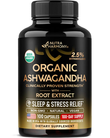 Ashwagandha Supplements 1800mg - USDA Organic Ashwagandha for Women & Men - Clinically Effective Strength for Stress Relief & Sleep - Powder & Root Extract 2.5% Withanolides - Made in USA 100 Capsules NUTRAHARMONYAu supplements
