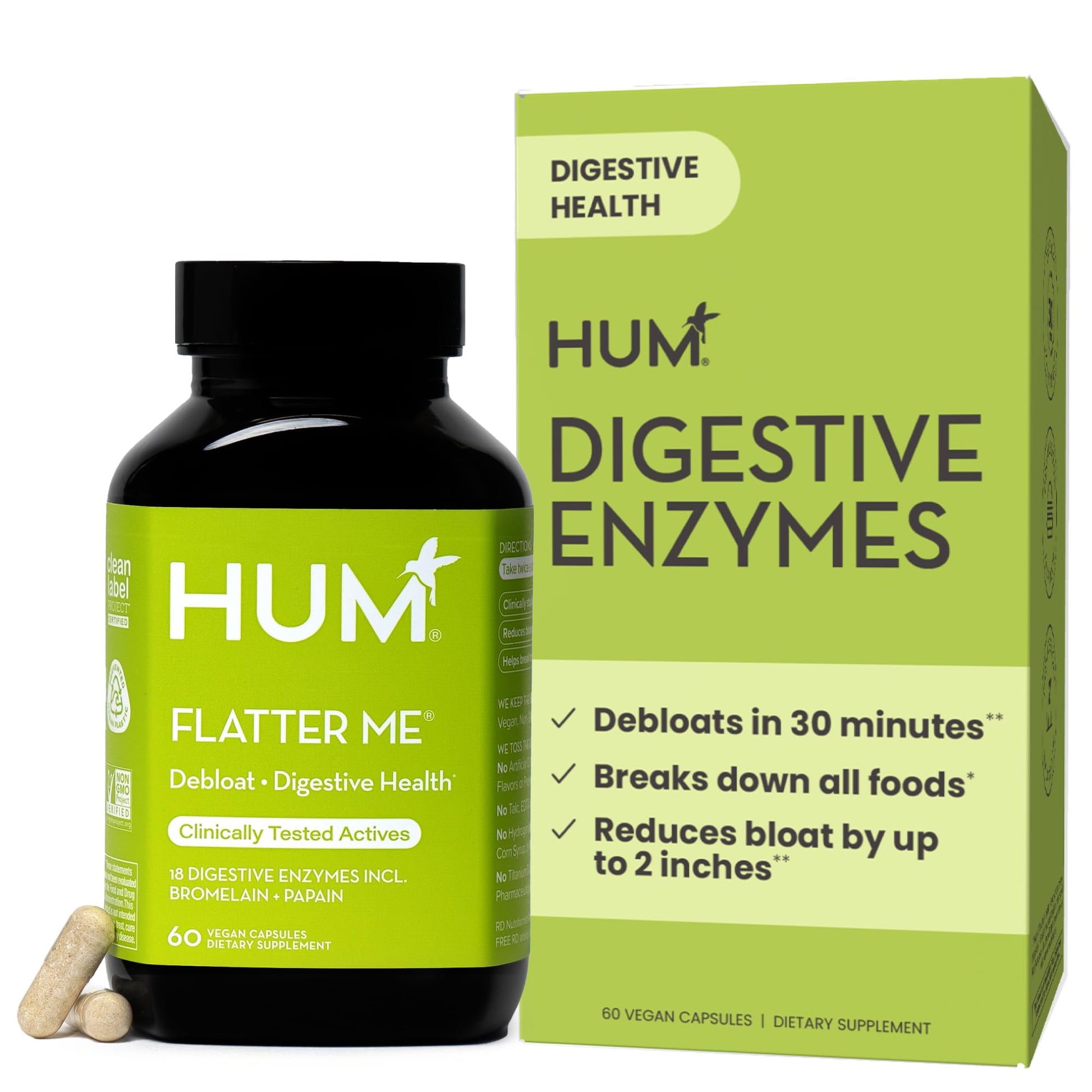 HUM Flatter Me Digestive Enzymes for Women & Men, Digestive Health Bloating Supplement with Ginger & Peppermint Leaf, Fast Acting Anti Bloat Pills Multi Enzyme for Debloating, Vegan, 60 Capsules HUMUS supplements