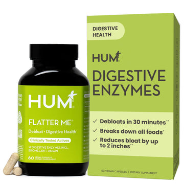 HUM Flatter Me Digestive Enzymes for Women & Men, Digestive Health Bloating Supplement with Ginger & Peppermint Leaf, Fast Acting Anti Bloat Pills Multi Enzyme for Debloating, Vegan, 60 Capsules HUMUS supplements