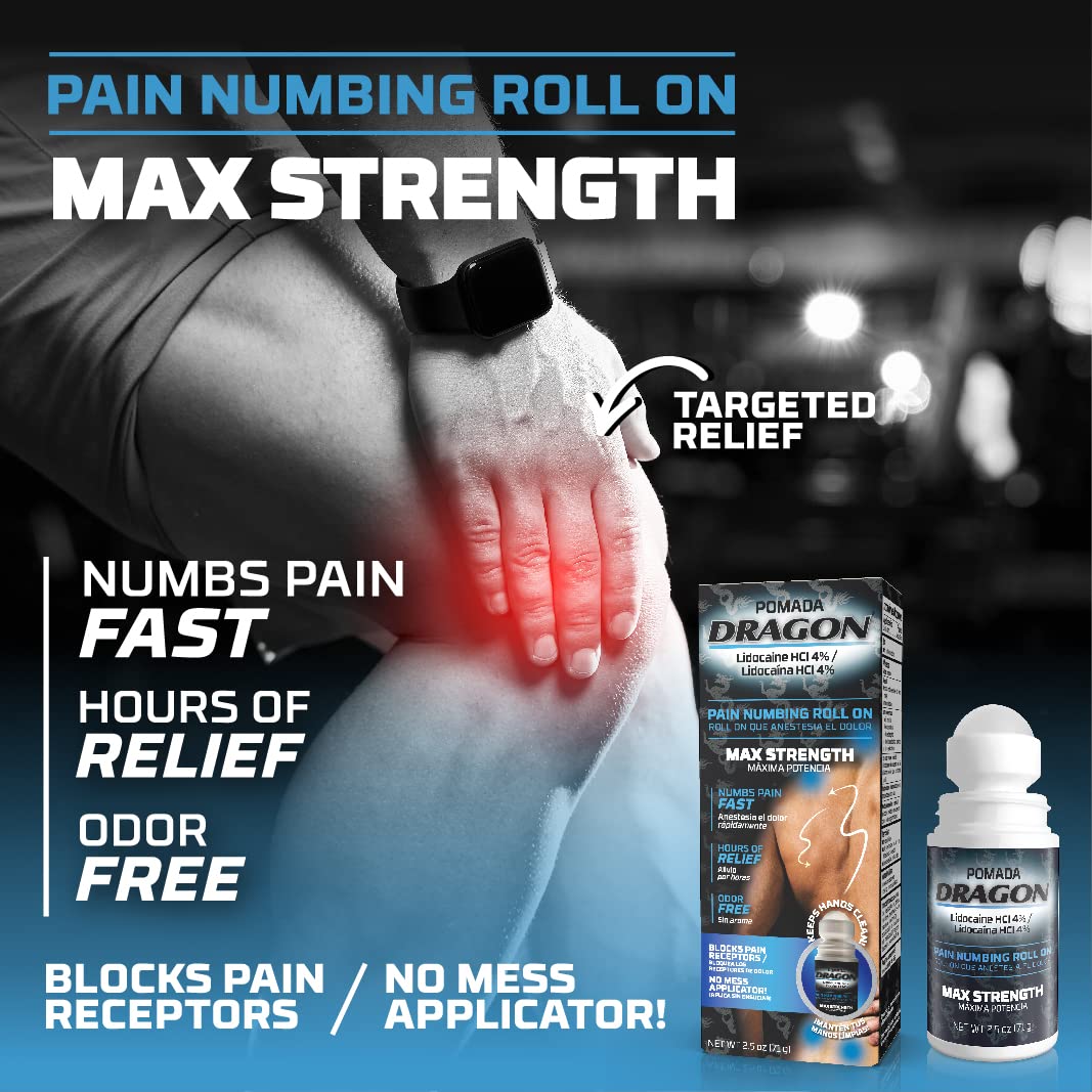 Dragon - POMADA, Maximum Strength- Pain Numbing & Long Lasting Pain Relief No Mess Applicator with Lidocaine Roll On, 2.5 oz, Pack of 3 Dragon TabsAu supplements