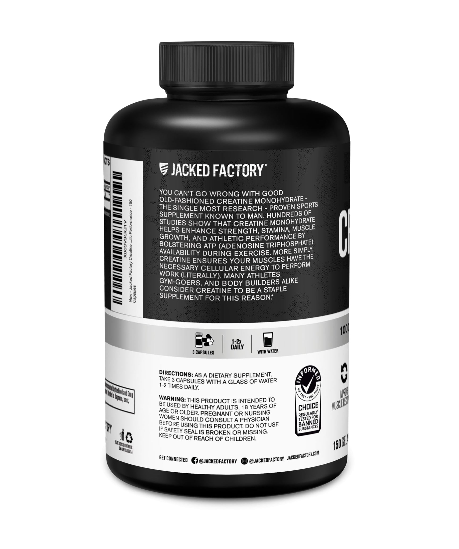 Jacked Factory Creatine Monohydrate Capsules - Creatine Pills for Muscle Growth, Increased Strength, Enhanced Energy Output and Improved Athletic Performance - 150 Capsules Jacked FactoryAu supplements