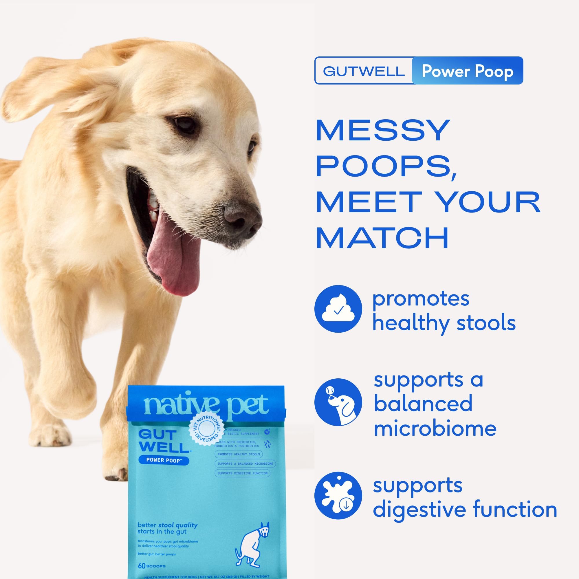 GutWell Power Poop - Digestive Enzymes & Fiber for Dogs - Dog Fiber Supplements Help with Diarrhea Relief, Upset Stomach, Pet Gas & Gut Health with Targeted Triple-Biotic Blend & M-Fiber - 60 Scoops Native PetAu supplements