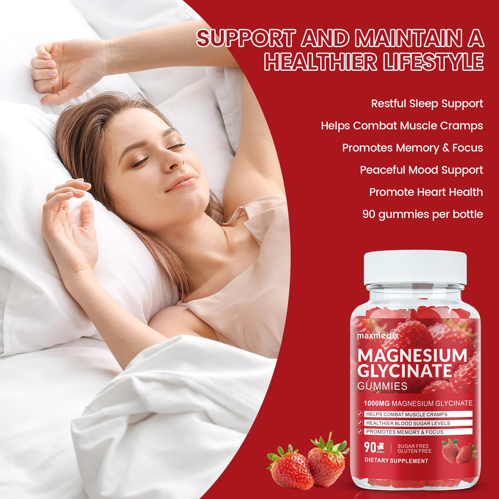 Magnesium Glycinate Gummies 1000mg, Sugar Free Magnesium Potassium Supplements Chewable for Adults with L-Threonate for Sleep, Body Support and Relaxation,90 Strawberry Gummies maxmedixAu supplements