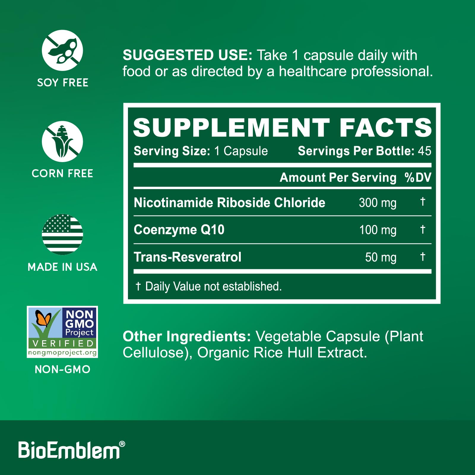 BioEmblem NAD+ Supplement | 300 mg Nicotinamide Riboside with CoQ10 & Resveratrol | Supports Healthy Aging, Cellular Energy and Cognitive Function | Non-GMO, Gluten Free - 45 Capsules BioEmblemAu supplements