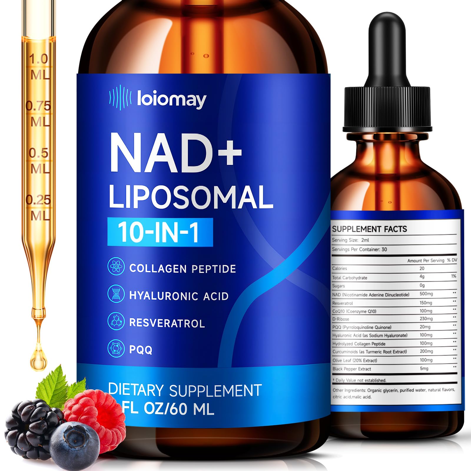 Liposomal NAD Liquid Supplement - 1500mg NAD+ Drops for Women & Men with Resveratrol & Nicotinamide Riboside, PQQ, Collagen & Turmeric for Anti-Aging & Longevity, Cellular Energy Health, 2 Fl Oz loiomayAu supplements