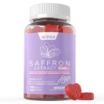 Saffron Supplements Gummies 100mg - 100% Pure Saffron Extract with Magnesium Glycinate, L-Theanine, Turmeric, Ashwagandha NEVISSAu supplements