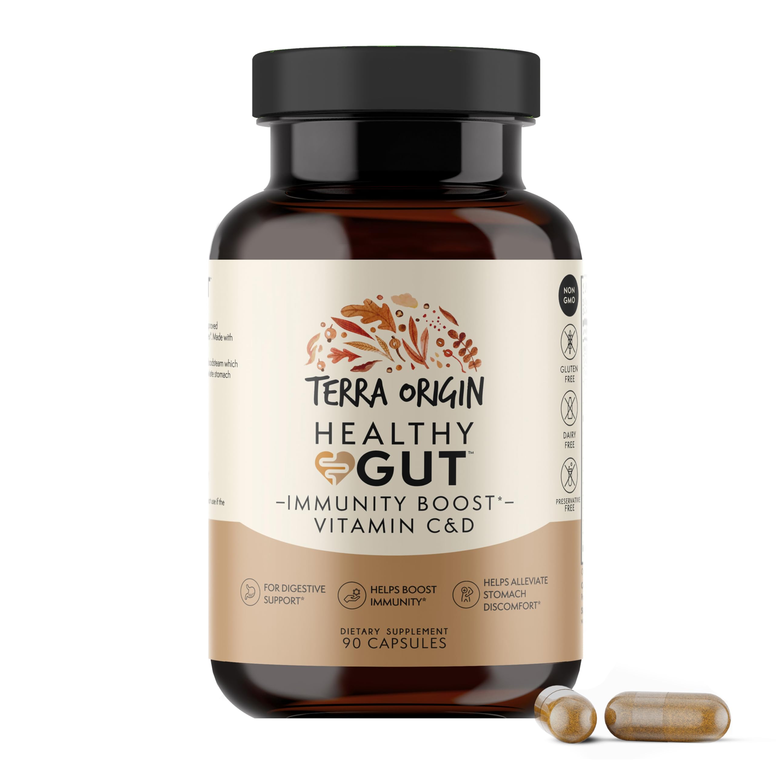 TERRA ORIGIN Healthy Gut Capsules with Immunity Boost | 90 Capsules | Non GMO, Gluten Free, Dairy Free | Digestive Support for Men and Women TERRA ORIGINAu supplements