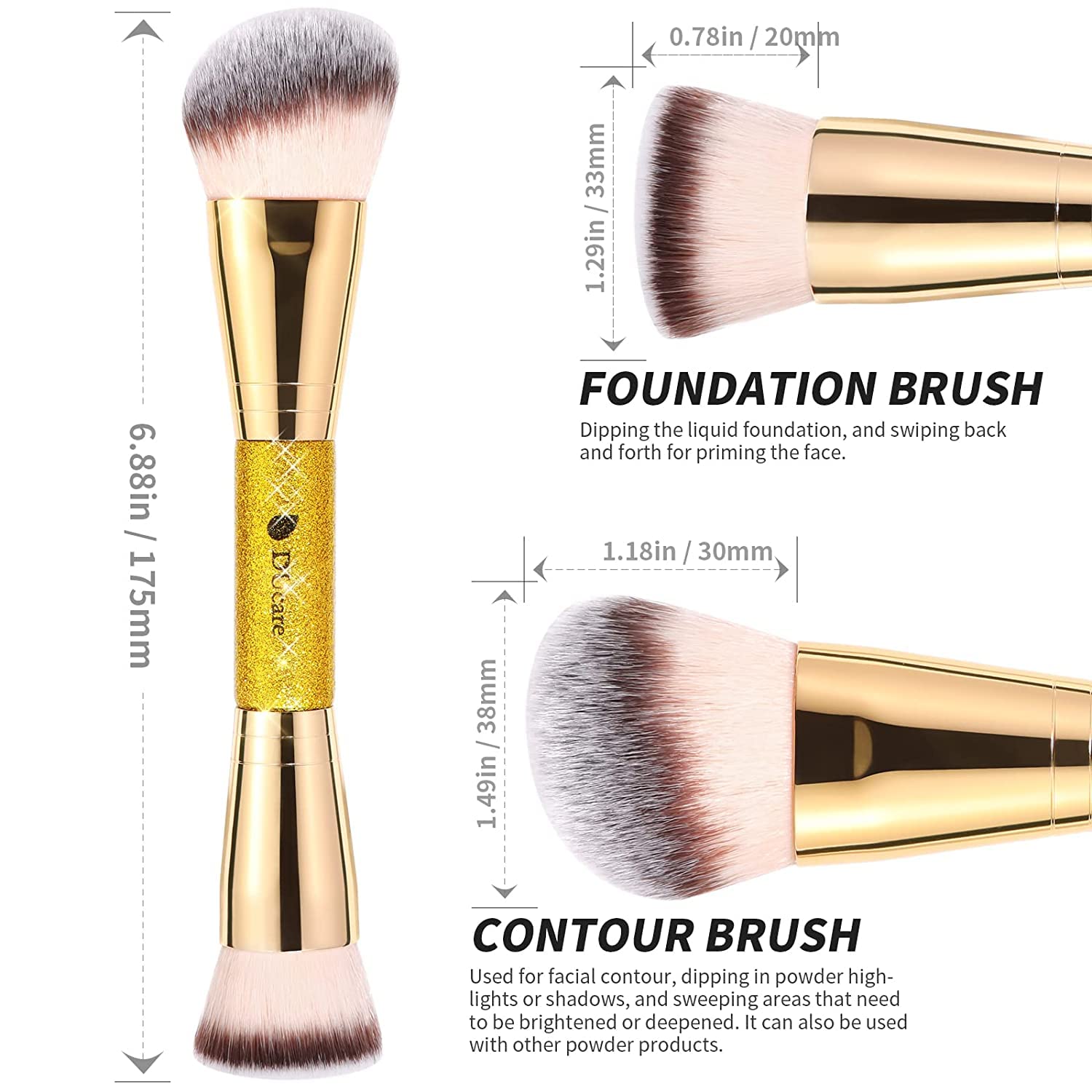 DUcare Dual End Foundation Contour Bronzer Brush, Gold Glitter Handle Double Ended Professional Face Makeup Tool for Liquid Cream Powder DUcareAu supplements