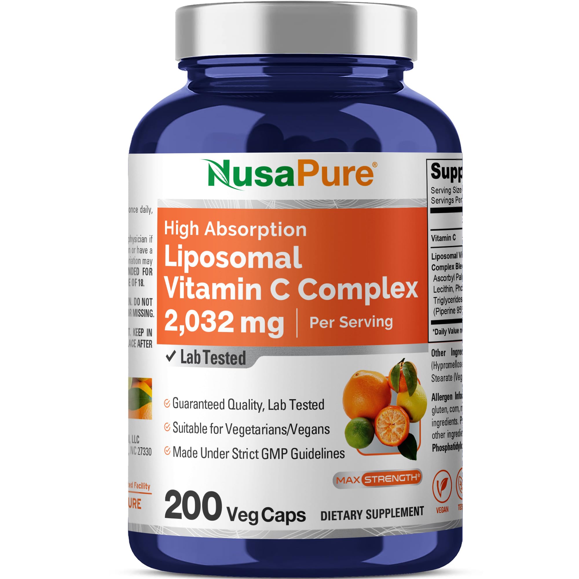 NusaPure Liposomal Vitamin C 2032mg - 200 Veggie Vegan Capsules, BioPerine - High Absorption Ascorbic Acid NusaPureAu supplements