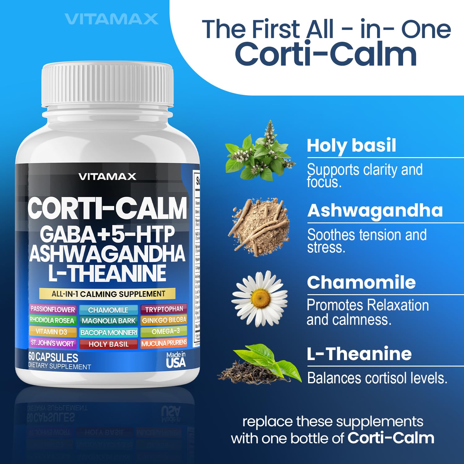 Corti-Calm Cortisol Supplement, L Theanine, Ashwagandha, Vitamin D 3, GABA for Relaxation, Fatigue & Focus with Ginkgo Biloba, Bacopa Monnieri, 5-HTP – Non-GMO, Made in USA – 60ct VitamaxAu supplements
