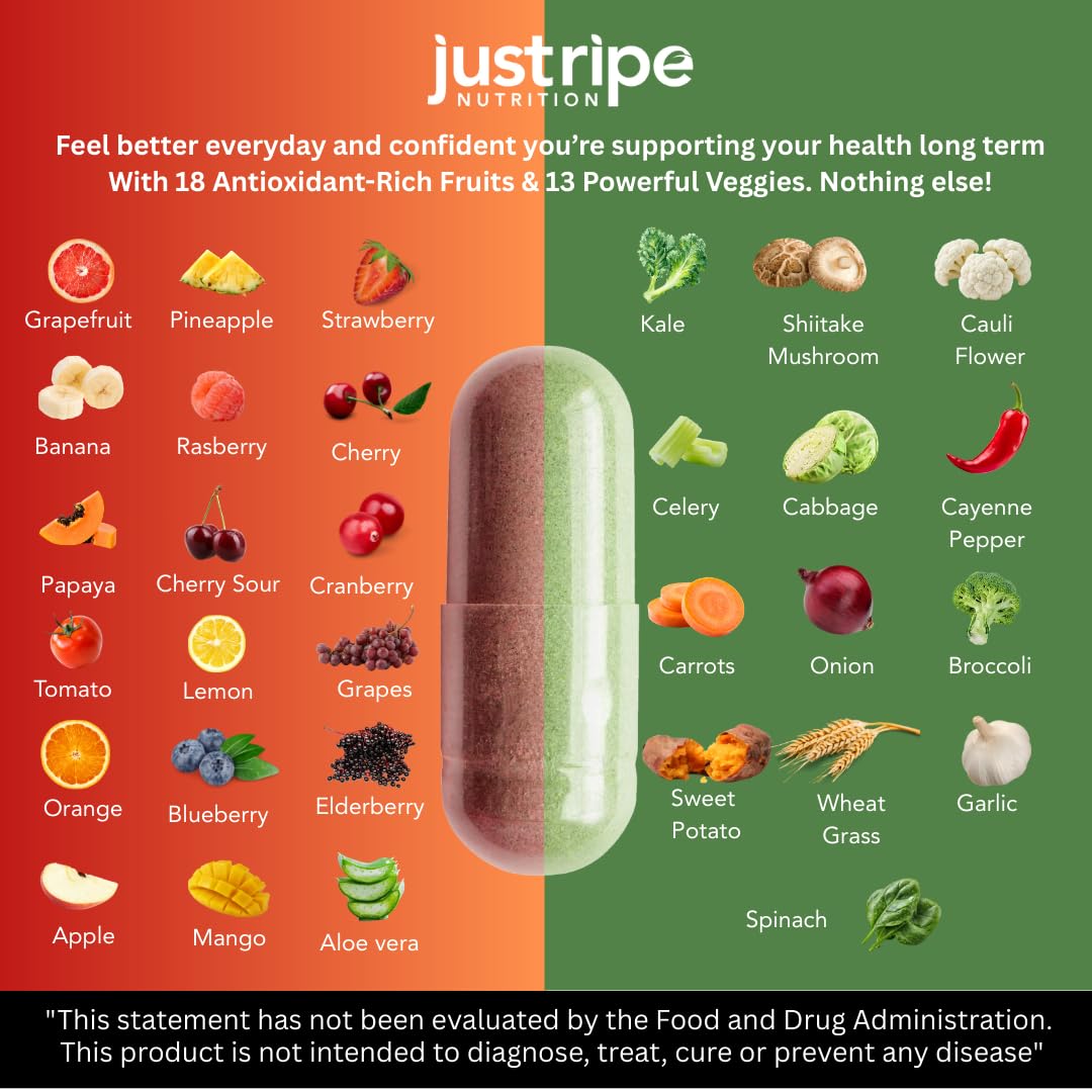 Fruits and Veggies Supplement - 90 Fruit and 90 Vegetable Capsules - 100% Whole Natural Superfood - Filled with Super Greens Vitamins and Minerals - Supports Balance Energy Levels (1 Pack) Just Ripe NutritionAu supplements