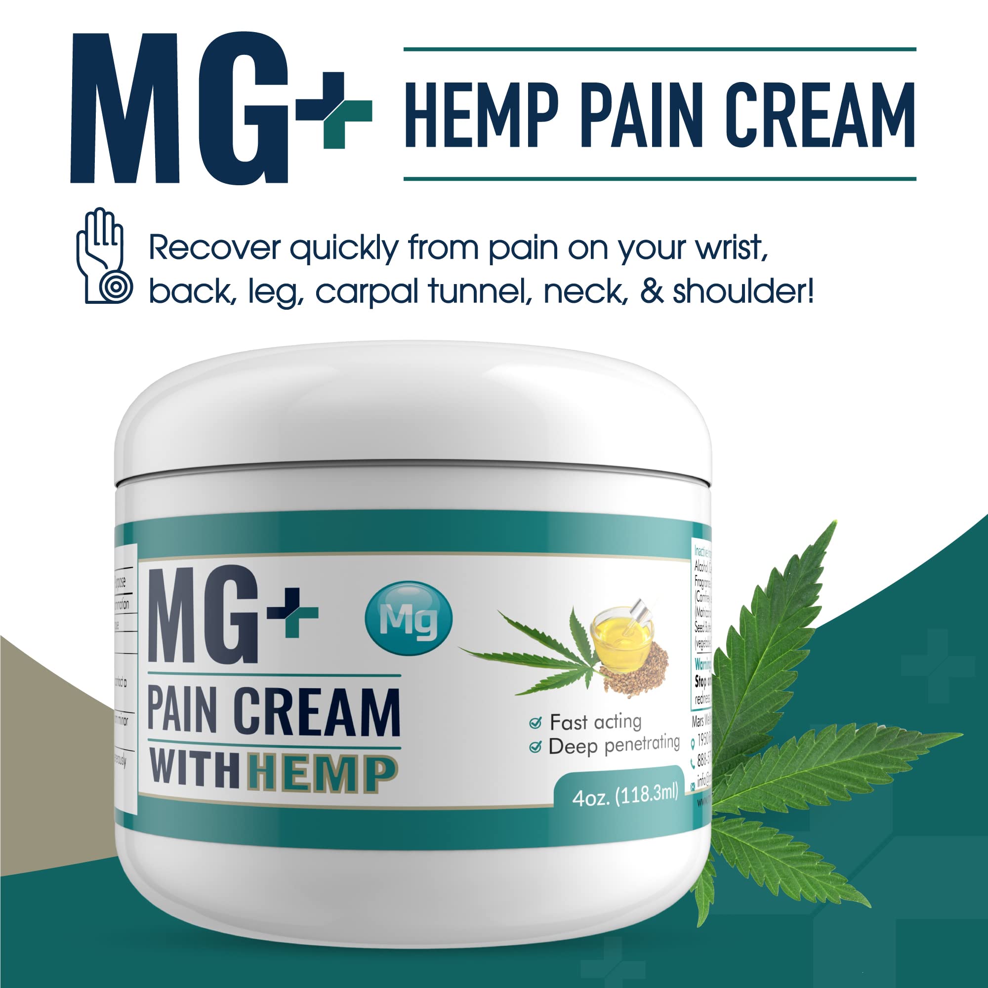 MARS WELLNESS MG+ Hemp Pain Cream (4 oz) - Maximum Strength Arnica & Magnesium Cream for Sore Legs, Joints & Muscle Cramps - Unisex Adults MARS WELLNESSAu supplements