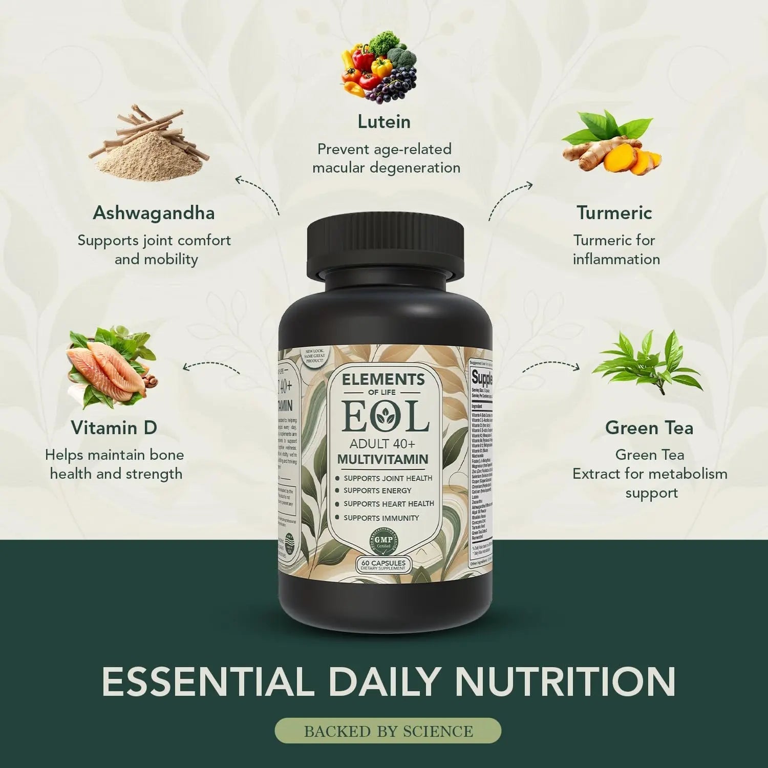 40 Plus Multivitamin for Women & Men with Vitamin A, D, B6, B12, E, Zinc, Magnesium, Calcium - Vegan, Gluten Free Elements of LIfeAu supplements